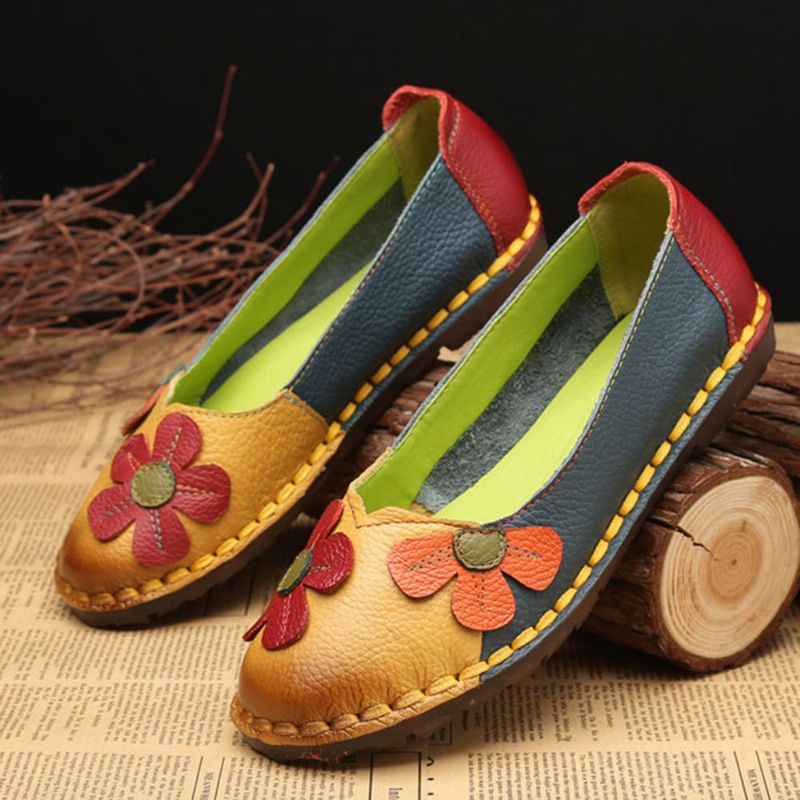 Retro Stitching Leather Flats Zapatos Casuales Para Mujer