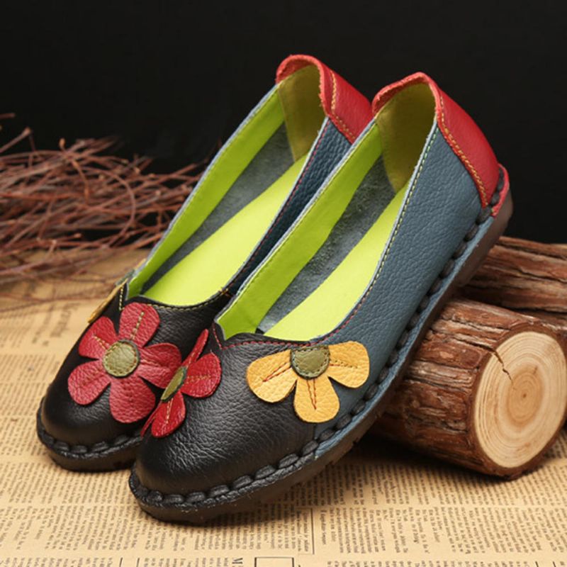 Retro Stitching Leather Flats Zapatos Casuales Para Mujer