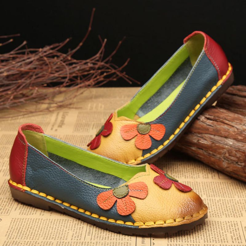 Retro Stitching Leather Flats Zapatos Casuales Para Mujer