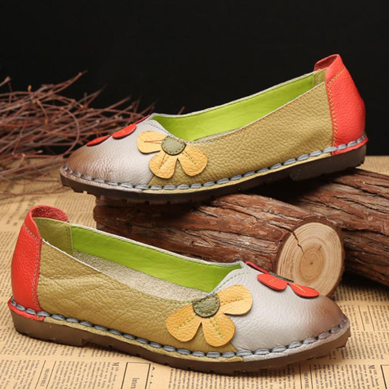 Retro Stitching Leather Flats Zapatos Casuales Para Mujer