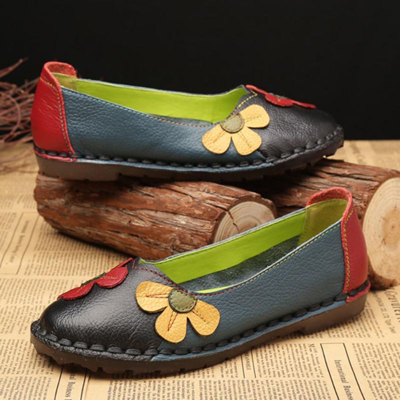 Retro Stitching Leather Flats Zapatos Casuales Para Mujer