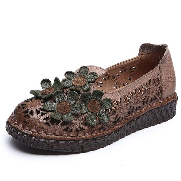 Zapato Retro Hecho A Mano De Cuero Genuino Ahueca Hacia Fuera Los Pisos De Flores Para Las Mujeres