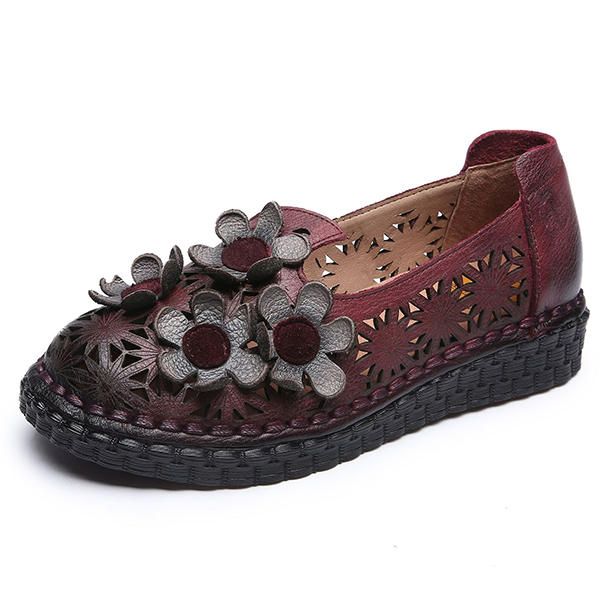 Zapato Retro Hecho A Mano De Cuero Genuino Ahueca Hacia Fuera Los Pisos De Flores Para Las Mujeres