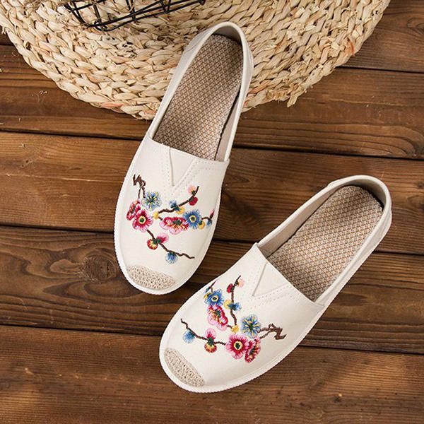 Zapato De Tela Bordada Para Mujer Mocasines Planos Casuales De Suela Blanda