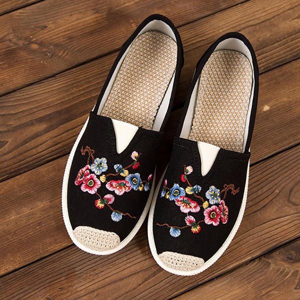 Zapato De Tela Bordada Para Mujer Mocasines Planos Casuales De Suela Blanda