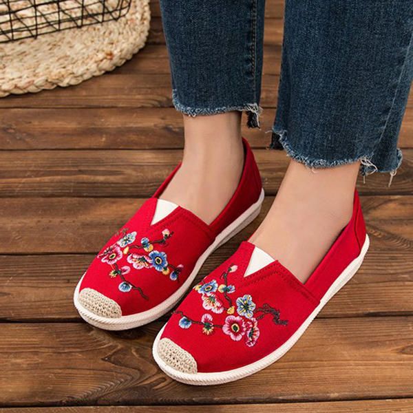 Zapato De Tela Bordada Para Mujer Mocasines Planos Casuales De Suela Blanda