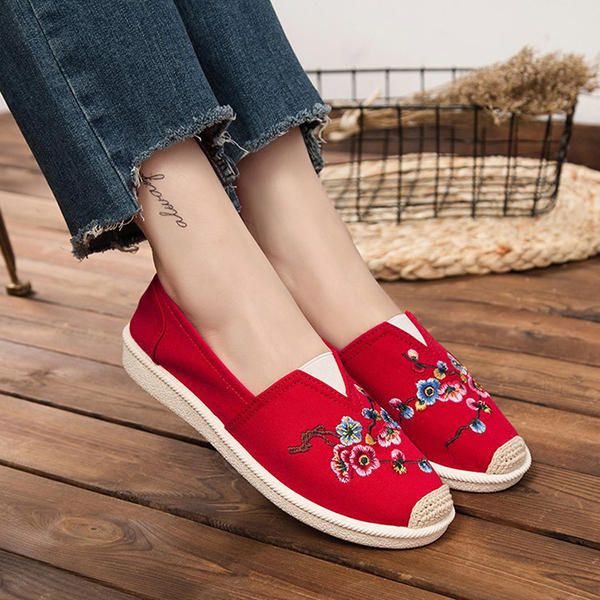 Zapato De Tela Bordada Para Mujer Mocasines Planos Casuales De Suela Blanda