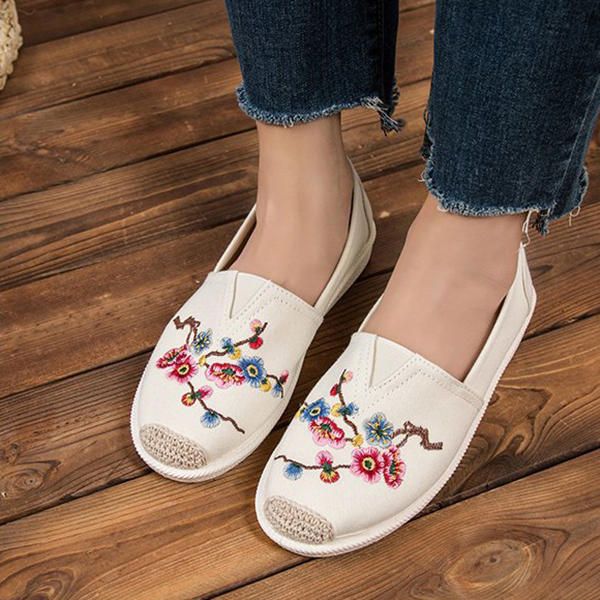 Zapato De Tela Bordada Para Mujer Mocasines Planos Casuales De Suela Blanda