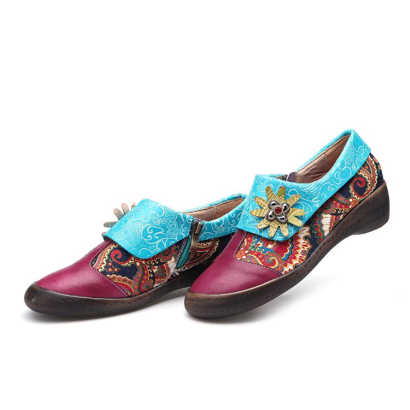 Zapatos Casuales Con Cremallera De Cuero Genuino Estampado Bohemio