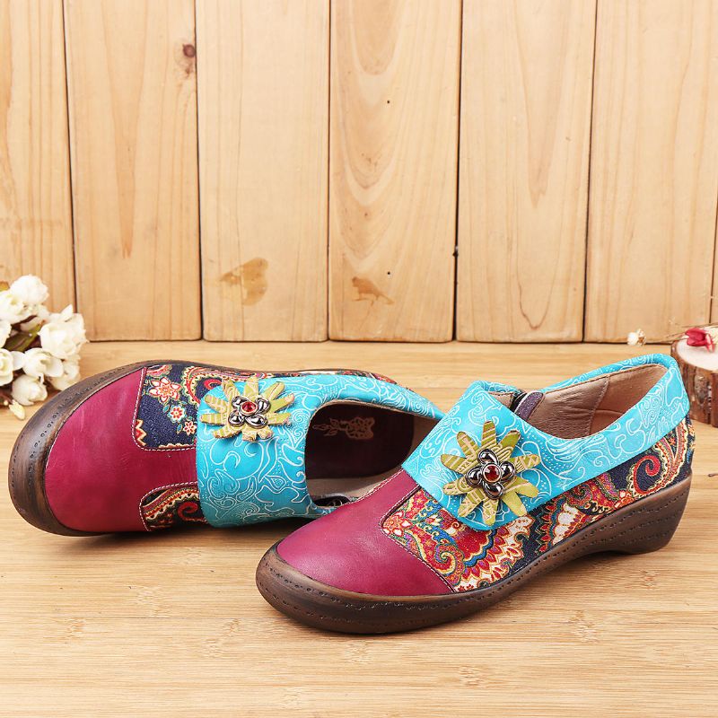 Zapatos Casuales Con Cremallera De Cuero Genuino Estampado Bohemio