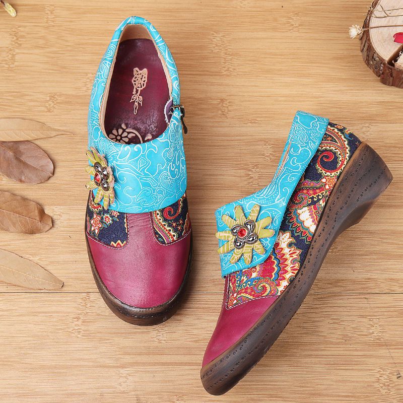 Zapatos Casuales Con Cremallera De Cuero Genuino Estampado Bohemio