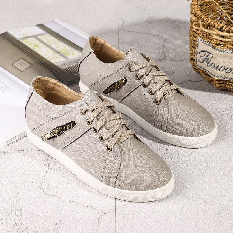 Zapatos Casuales Planos Con Cordones De Lona Con Decoración De Cremallera Retro De Talla Grande Para Mujer