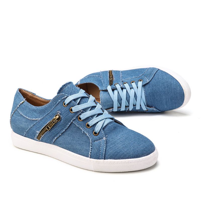 Zapatos Casuales Planos Con Cordones De Lona Con Decoración De Cremallera Retro De Talla Grande Para Mujer