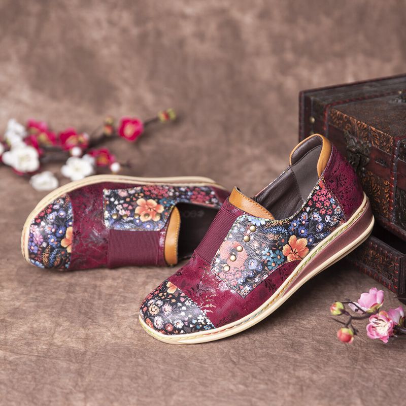 Zapatos De Cremallera Plana De Cuero Genuino Con Empalme Retro De Flores Pequeñas