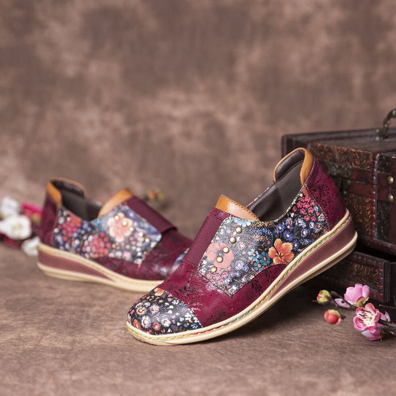 Zapatos De Cremallera Plana De Cuero Genuino Con Empalme Retro De Flores Pequeñas