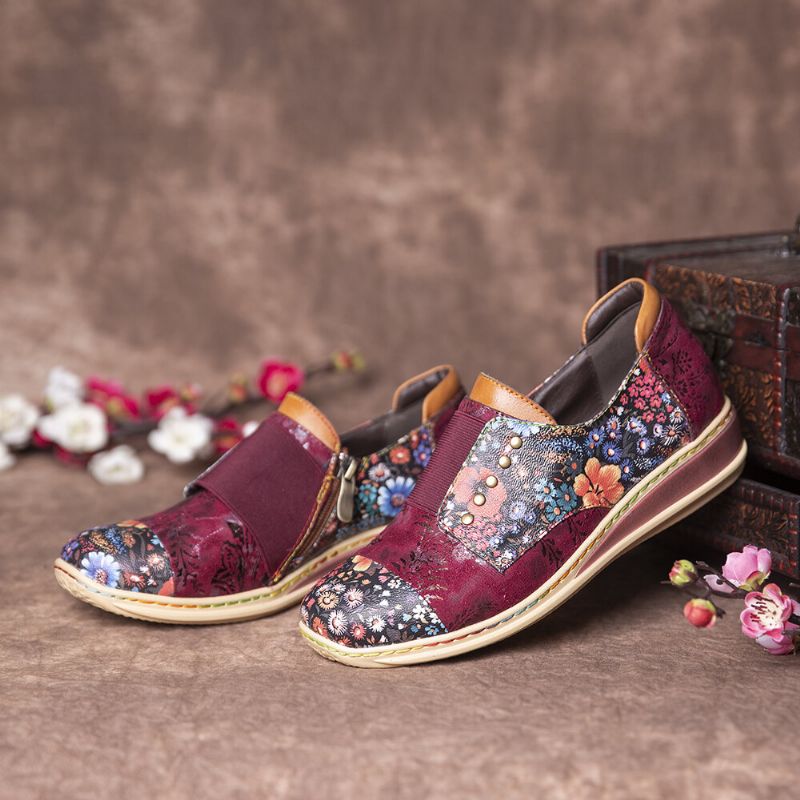 Zapatos De Cremallera Plana De Cuero Genuino Con Empalme Retro De Flores Pequeñas