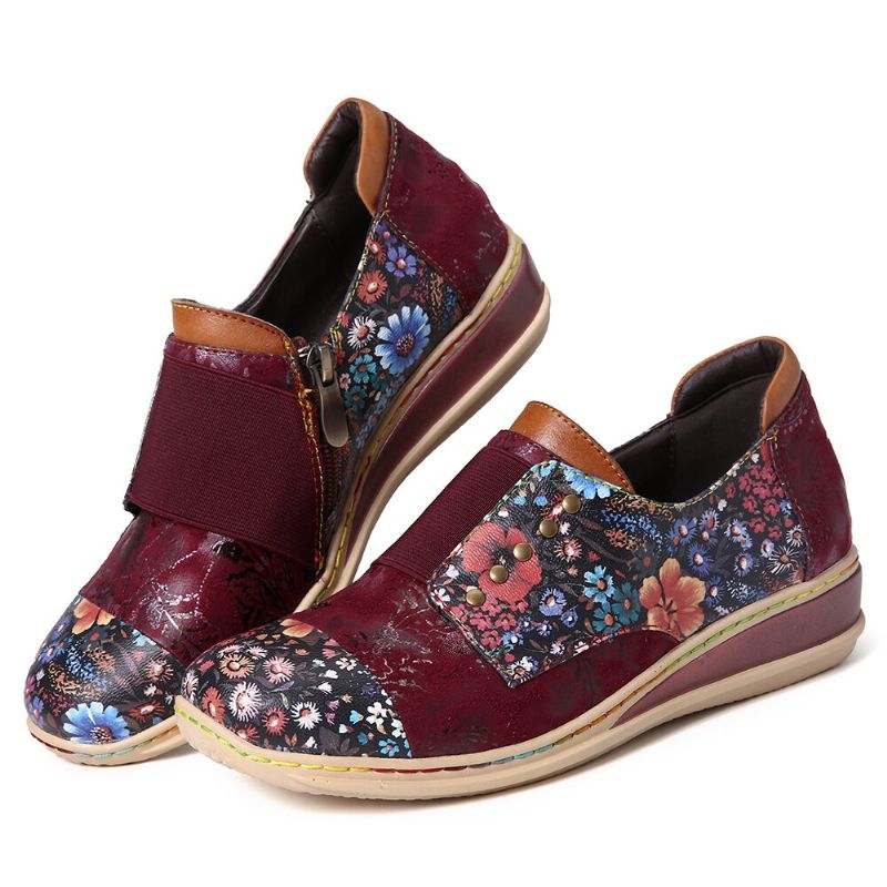 Zapatos De Cremallera Plana De Cuero Genuino Con Empalme Retro De Flores Pequeñas