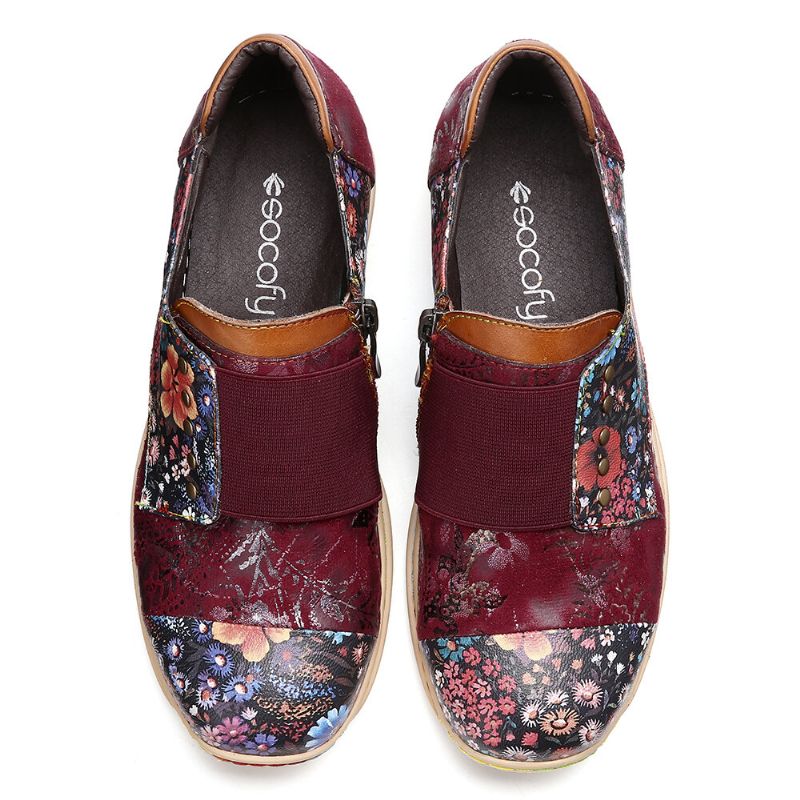 Zapatos De Cremallera Plana De Cuero Genuino Con Empalme Retro De Flores Pequeñas