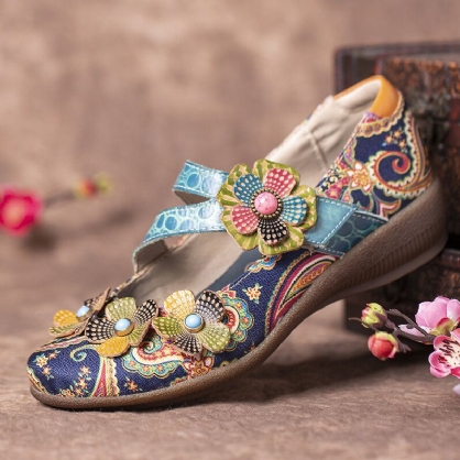 Zapatos De Cuero Con Lazo De Gancho Plano Con Patrón De Flores De Empalme Retro