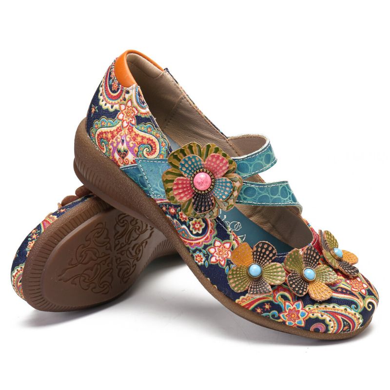 Zapatos De Cuero Con Lazo De Gancho Plano Con Patrón De Flores De Empalme Retro