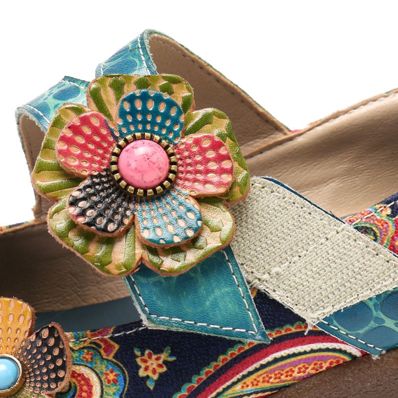 Zapatos De Cuero Con Lazo De Gancho Plano Con Patrón De Flores De Empalme Retro