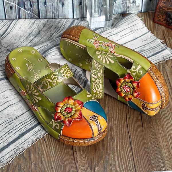 Zapatos De Flores Sin Espalda Huecos De Cuero Colorido Vintage Para Mujer