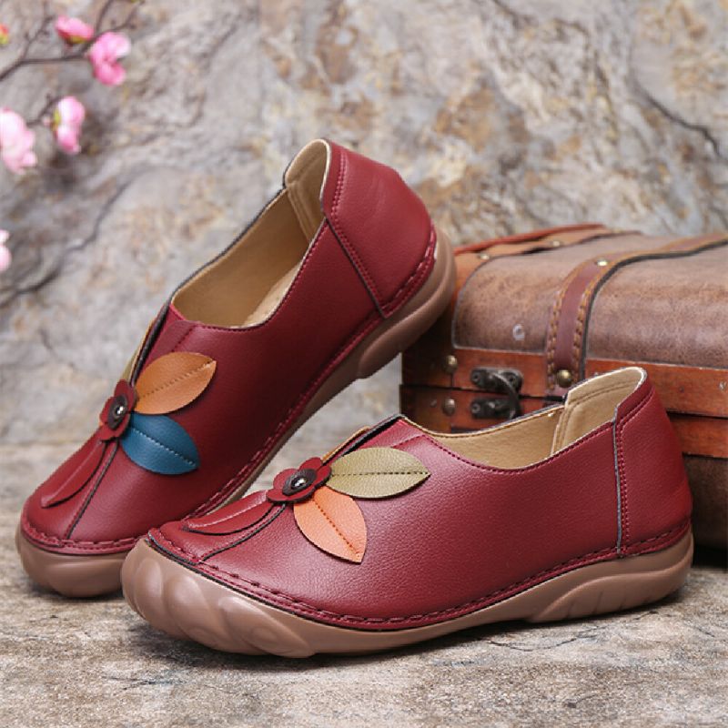 Zapatos De Mocasines Planos Con Punta Redonda Y Cómodos Con Costura De Flores Retro Para Mujer