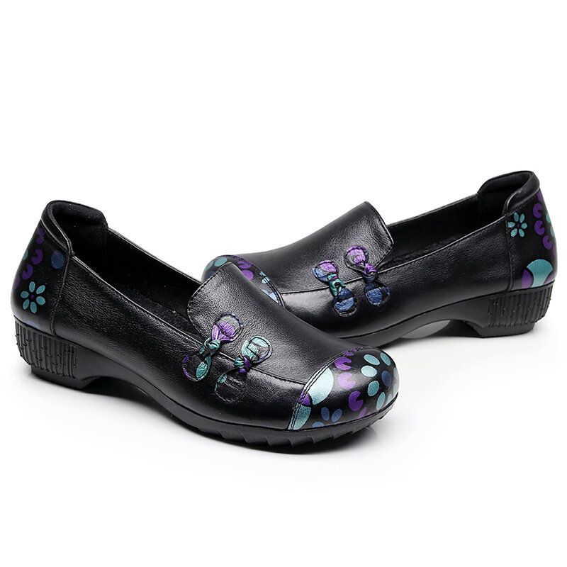 Zapatos De Mujer Con Estampado De Flores Retro Zapatos Planos De Cuero Casuales Con Suela Suave Y Cómoda