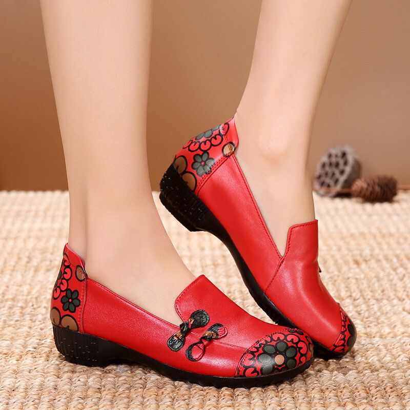 Zapatos De Mujer Con Estampado De Flores Retro Zapatos Planos De Cuero Casuales Con Suela Suave Y Cómoda