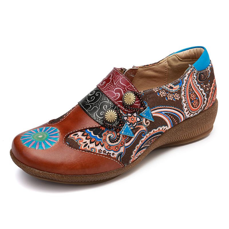 Zapatos De Mujer Folkways Retro Pattern Empalme De Cuero Genuino Zapatos Cómodos Y Suaves Con Cremallera Lateral