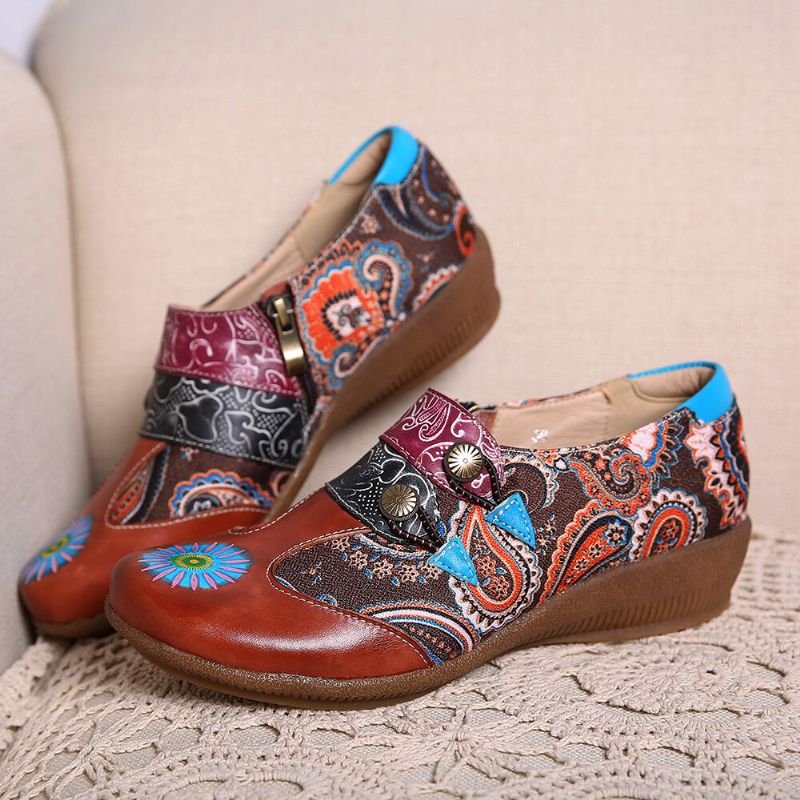 Zapatos De Mujer Folkways Retro Pattern Empalme De Cuero Genuino Zapatos Cómodos Y Suaves Con Cremallera Lateral