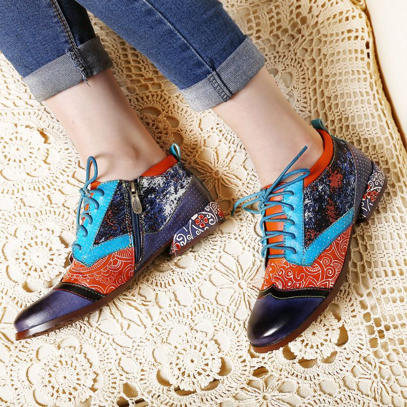 Zapatos Planos Cómodos Con Costura De Cuero Genuino Con Bloques De Color Con Patrón Bohemio