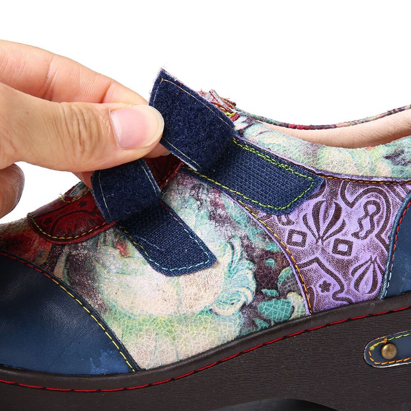 Zapatos Planos Cómodos De Cuero Genuino En Relieve Con Flores De Colores Retro