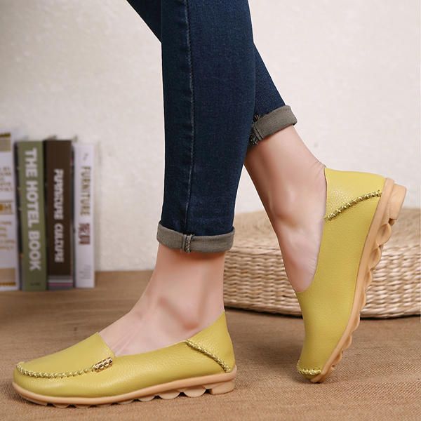 Zapatos Planos Cómodos De Cuero Suave Con Punta Redonda Para Mujer