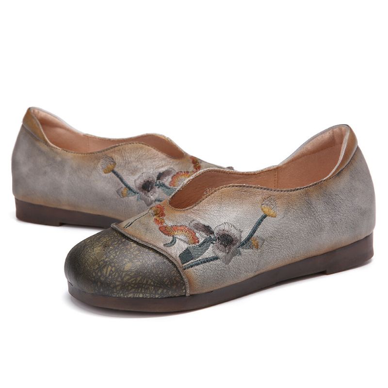 Zapatos Planos Con Bordado De Flores Retro Cómodos Y Suaves De Cuero