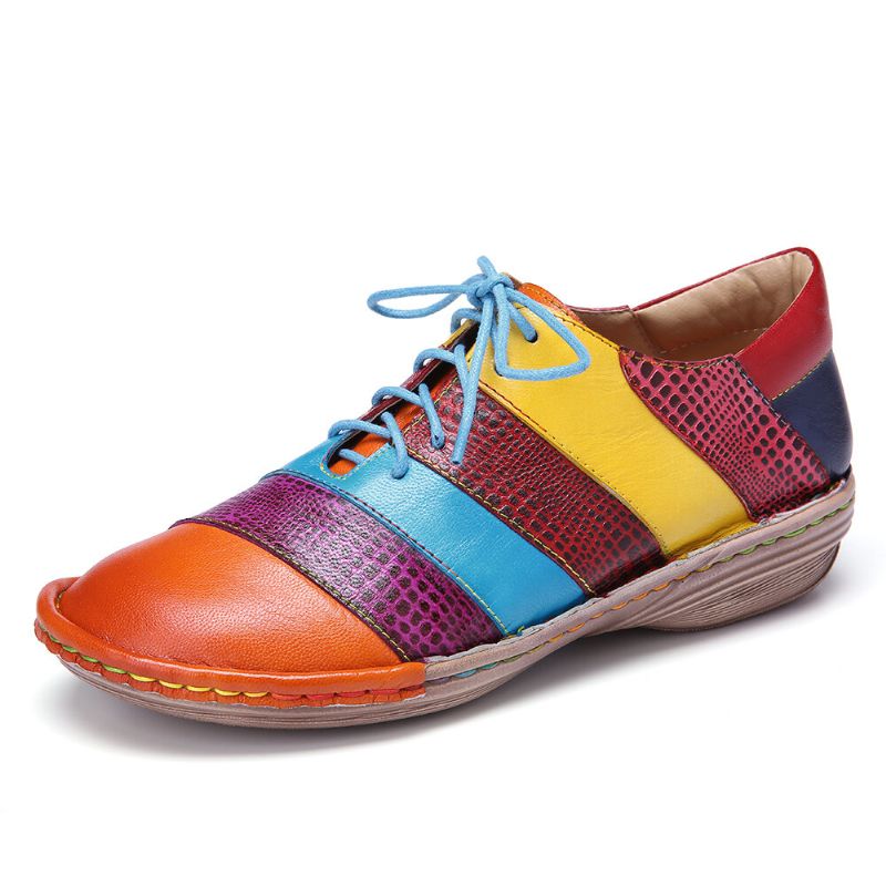 Zapatos Planos Con Cordones De Empalme De Contraste De Colorblock De Cuero Cómodos Hechos A Mano Retro