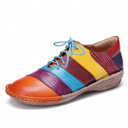 Zapatos Planos Con Cordones De Empalme De Contraste De Colorblock De Cuero Cómodos Hechos A Mano Retro