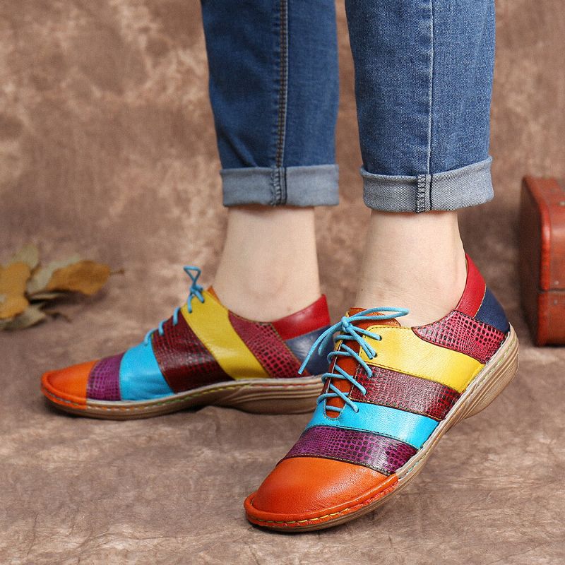 Zapatos Planos Con Cordones De Empalme De Contraste De Colorblock De Cuero Cómodos Hechos A Mano Retro