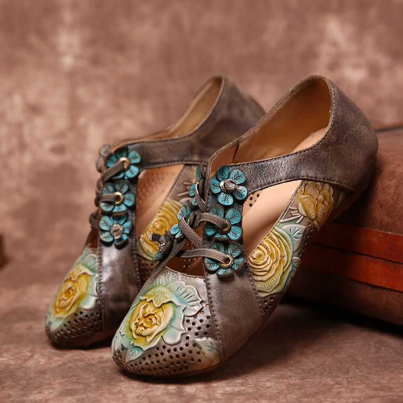 Zapatos Planos Con Cordones Huecos Florales Con Empalme De Flores En Relieve Retro