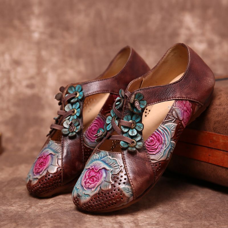 Zapatos Planos Con Cordones Huecos Florales Con Empalme De Flores En Relieve Retro