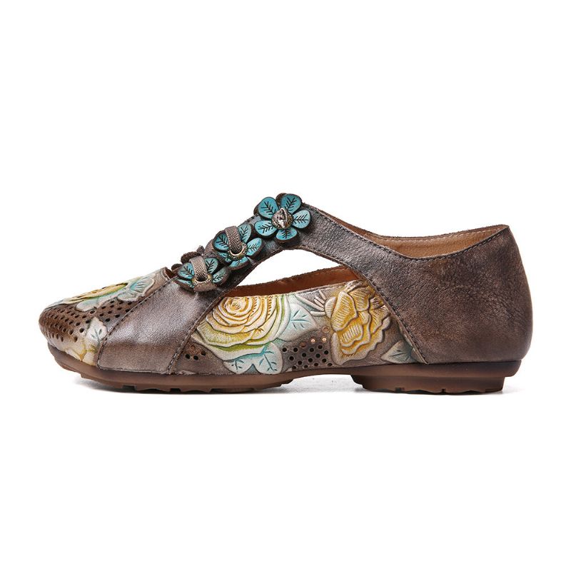 Zapatos Planos Con Cordones Huecos Florales Con Empalme De Flores En Relieve Retro