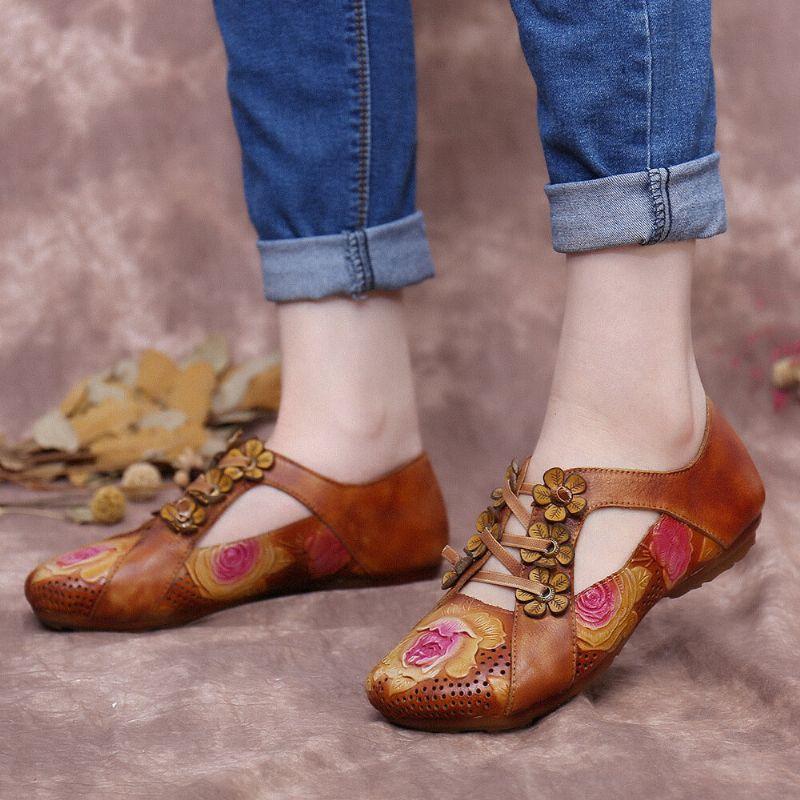 Zapatos Planos Con Cordones Huecos Florales Con Empalme De Flores En Relieve Retro