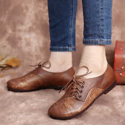 Zapatos Planos Con Cordones De Suela Suave Y Cómodos Empalmes De Cuero Hechos A Mano Vintage