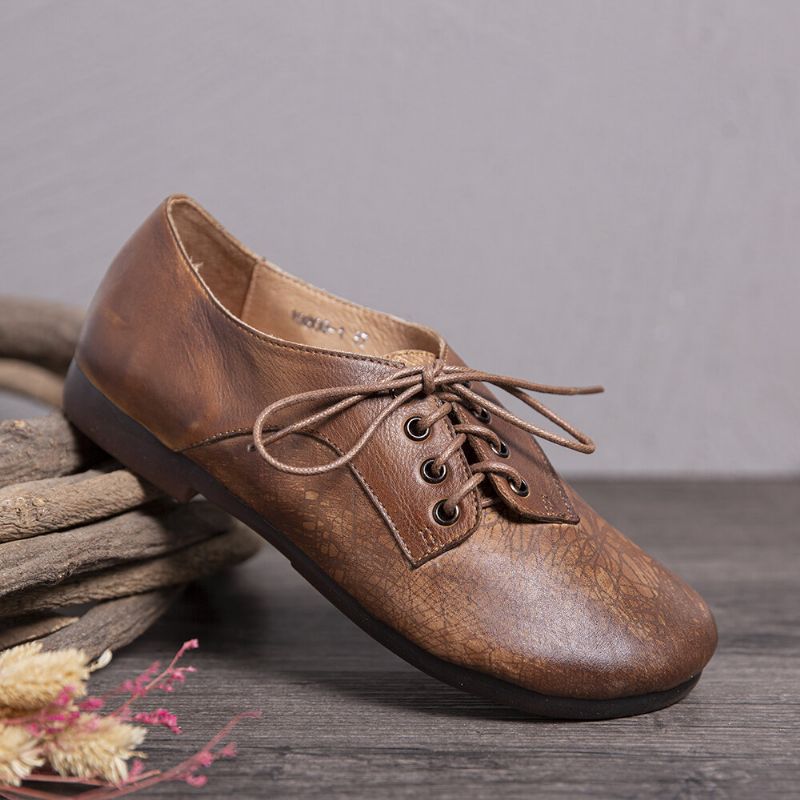 Zapatos Planos Con Cordones De Suela Suave Y Cómodos Empalmes De Cuero Hechos A Mano Vintage