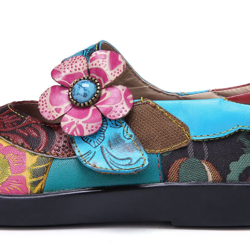 Zapatos Planos Con Correa En El Tobillo Con Lazo En El Dedo Del Pie Floral Con Empalme De Cuero Bohemio