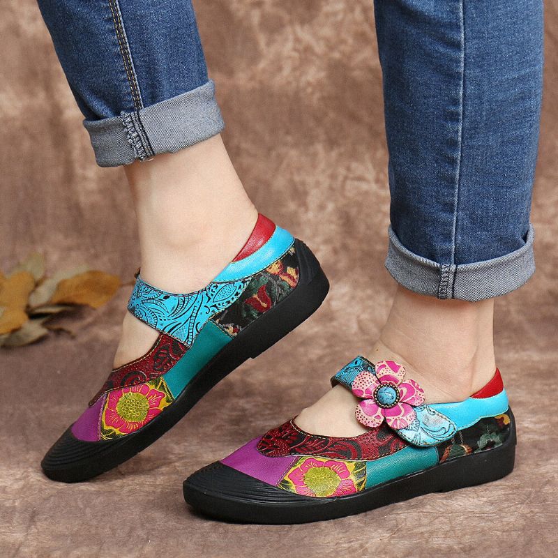 Zapatos Planos Con Correa En El Tobillo Con Lazo En El Dedo Del Pie Floral Con Empalme De Cuero Bohemio