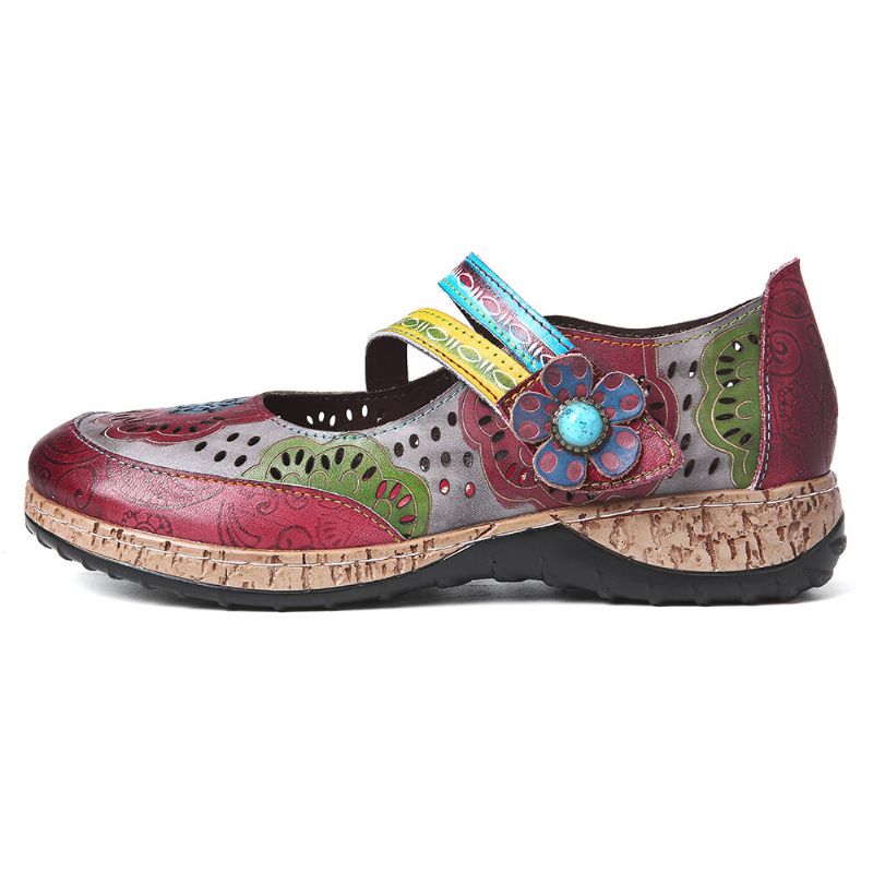 Zapatos Planos Con Lazo De Gancho Floral De Empalme De Cuero Genuino En Relieve Hueco Retro