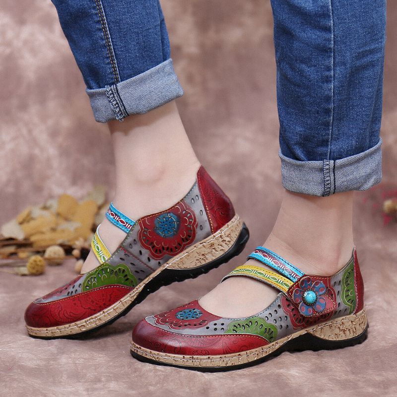 Zapatos Planos Con Lazo De Gancho Floral De Empalme De Cuero Genuino En Relieve Hueco Retro