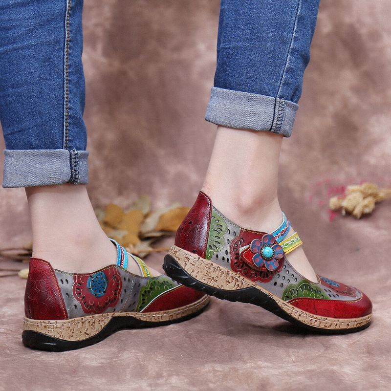 Zapatos Planos Con Lazo De Gancho Floral De Empalme De Cuero Genuino En Relieve Hueco Retro