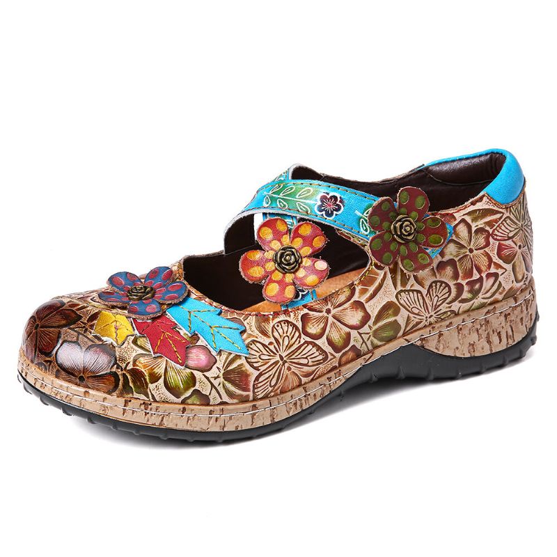 Zapatos Planos Con Lazo De Gancho De Flores De Correa Cruzada De Empalme De Cuero Genuino Floral Retro